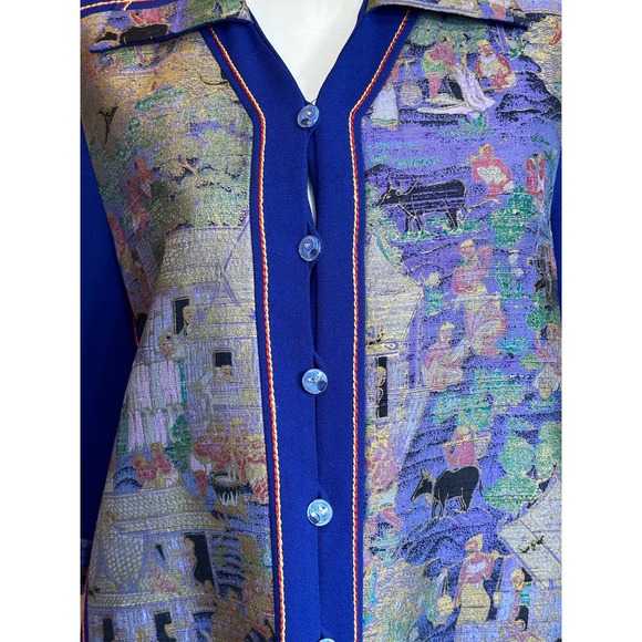 Vintage Asian Tapestry Royal Blue Button Down Crepe Jacket 3/4 Sleeves sz XL - Picture 3 of 5
